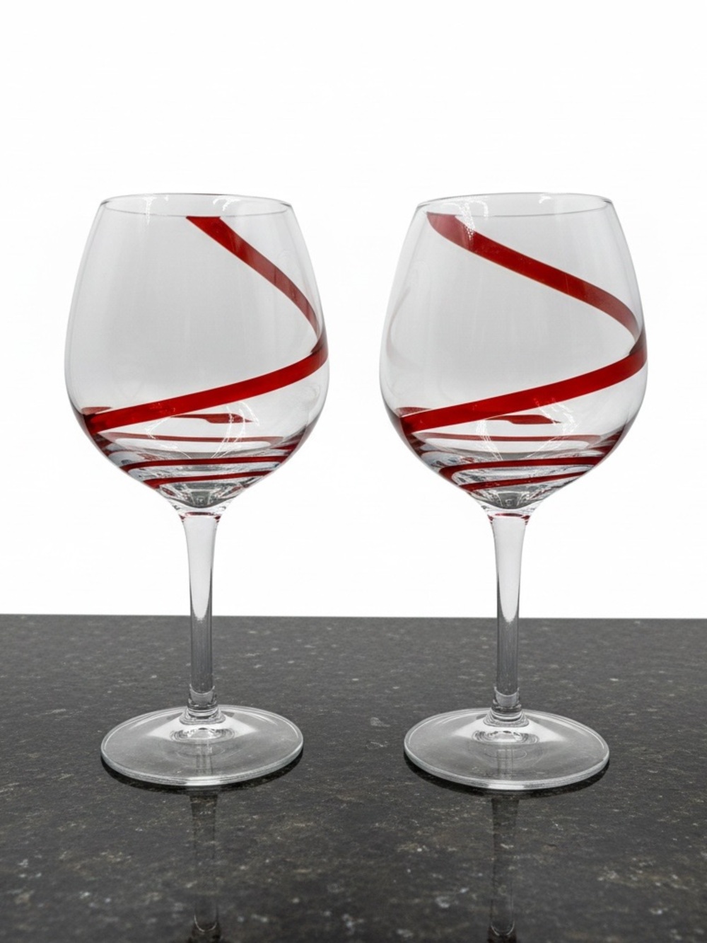 Pier 1 Swirline Red Ribbon Swirl Balloon Wine Glasses Set of 2 Hand Blown  9”